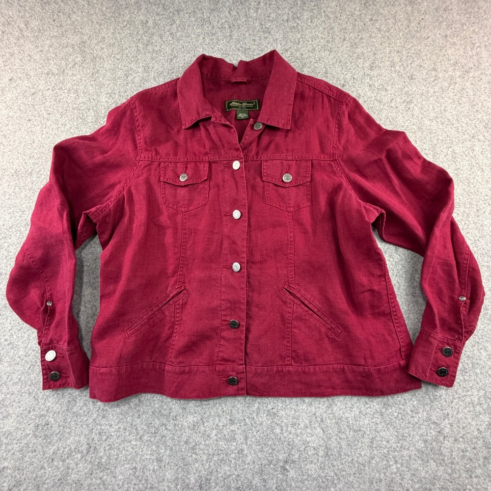 Eddie Bauer Womens XL Red 100% Linen Button Front Trucker Jacket Lightweight